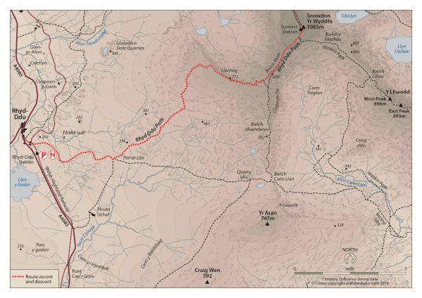 Map of the Rhyd Ddu Path to summit of Snowdon